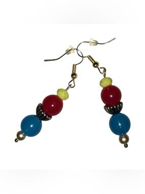 Multicolor Bead Drop Earrings with Blue, Red & Lime Accents